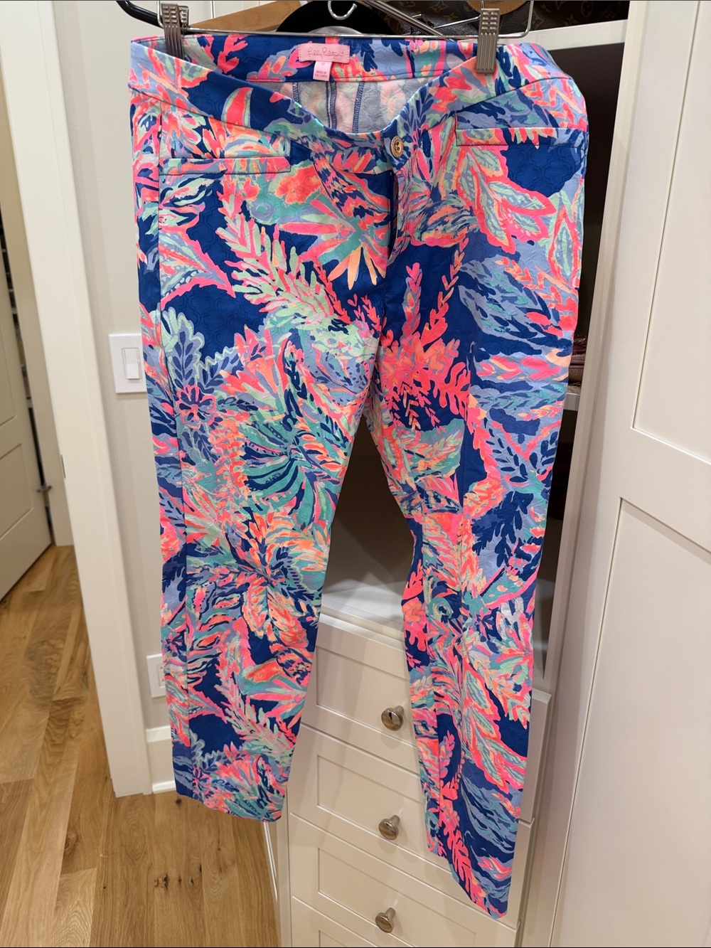 Lilly Pulitzer Navy Jeans with Coral, Pink & Aqua Tropical Print